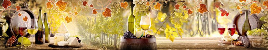 Изображение для стеклянного кухонного фартука, скинали: листья, вино, бочка, виноград, бутылка, бокал, fartux916