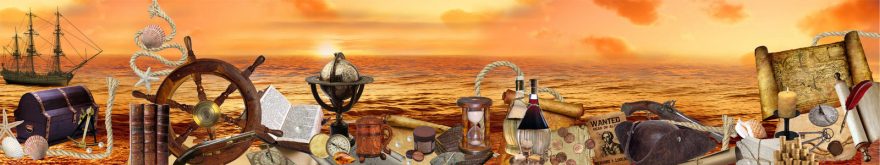 Изображение для стеклянного кухонного фартука, скинали: закат, море, бутылка, карта, корабль, skin145